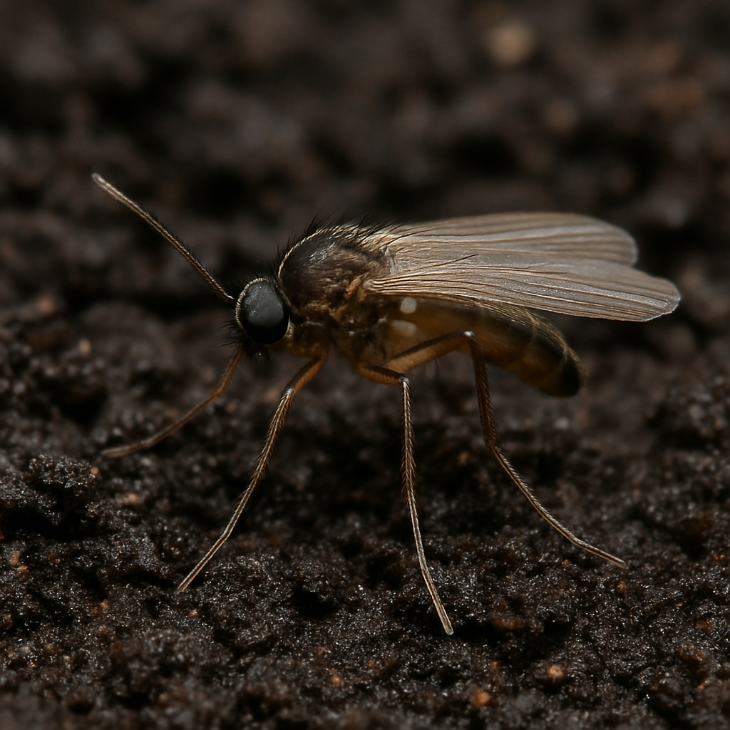 Macro close-up of small fly insect on dark soil, side profile, translucent wings, compound eye.