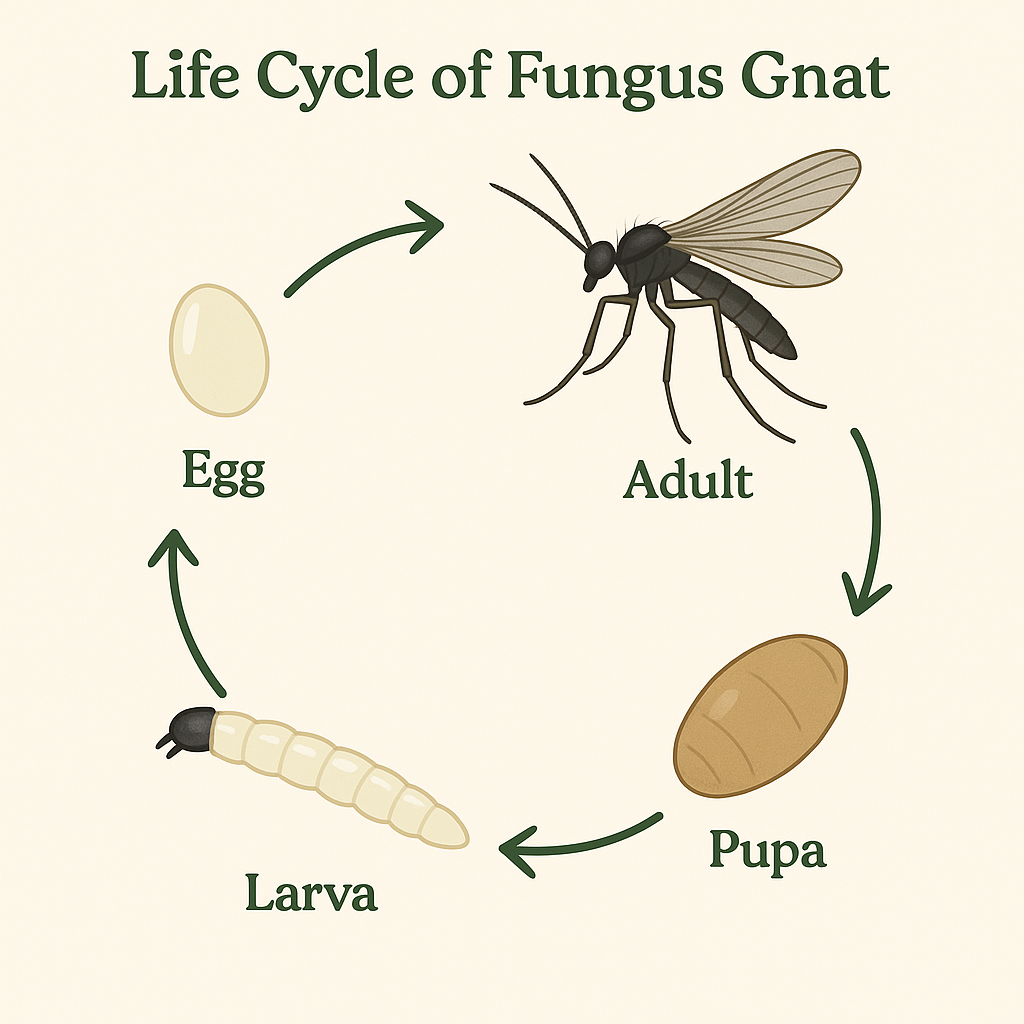 Fungus gnat life cycle infographic showing egg, larva, pupa, and adult stages.