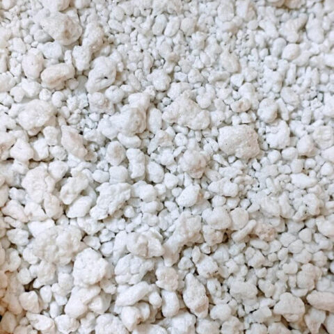 Close-up of perlite, a lightweight, white, volcanic rock used in gardening to improve soil aeration and drainage.
