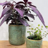 green iron stone pink glazed pot