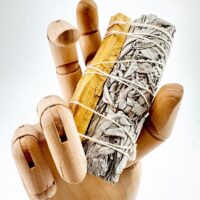 Wooden hand model holding sage and palo santo for spiritual cleansing and wellness.