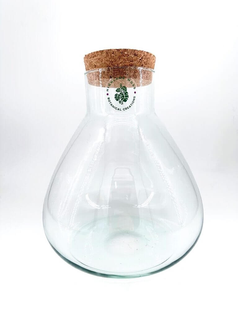 Elegant glass vessel with cork stopper for terrariums and botanical displays.