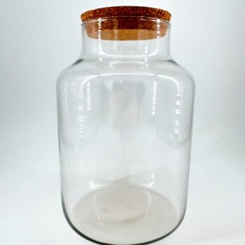 Elegant glass jar with cork lid, perfect for storage or decorative purposes in any home.