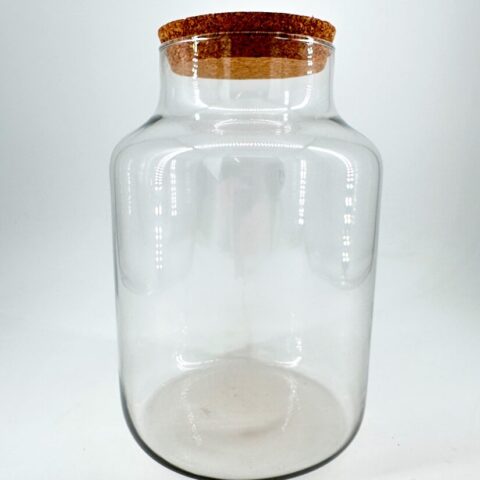 Elegant glass jar with cork lid, perfect for storage or decorative purposes in any home.