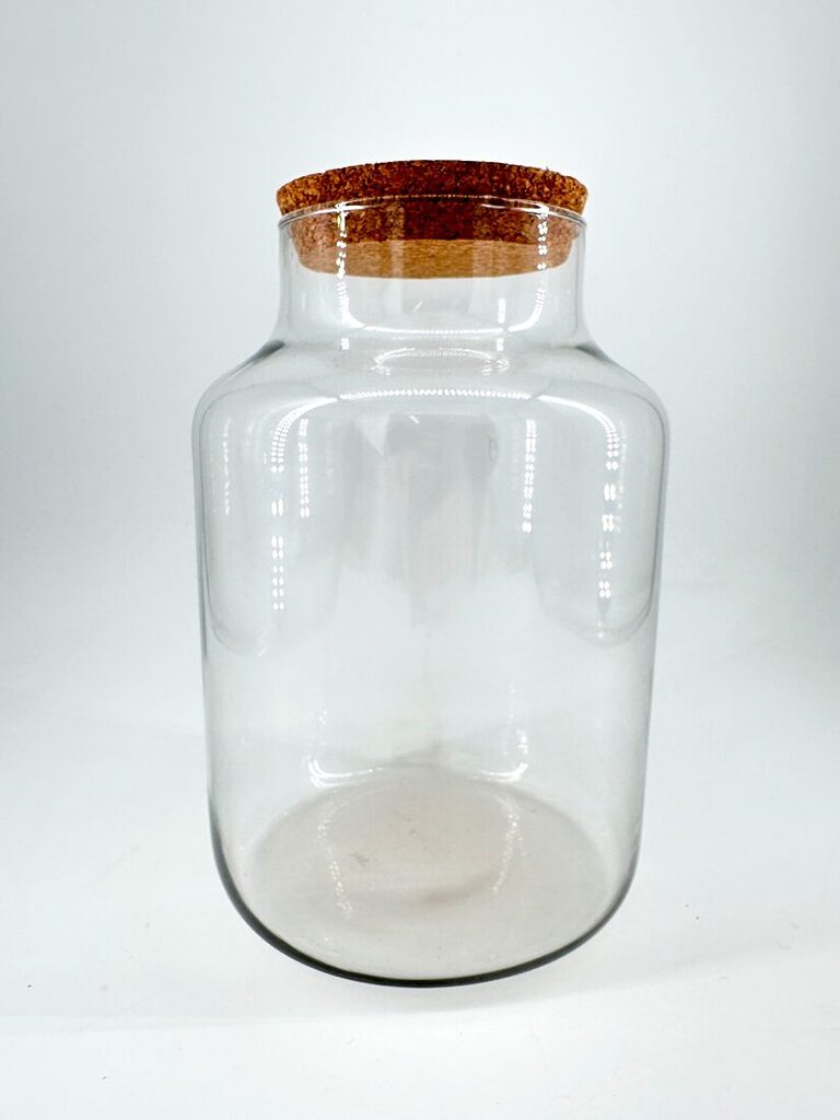 Elegant glass jar with cork lid, perfect for storage or decorative purposes in any home.