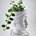 Ceramic womans head planter with gold lips and green foliage against a grey background.