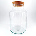Handmade recycled glass terrarium container with cork lid, showing natural air bubbles and slight imperfections.