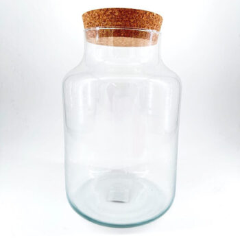 Handmade recycled glass terrarium container with cork lid, showing natural air bubbles and slight imperfections.