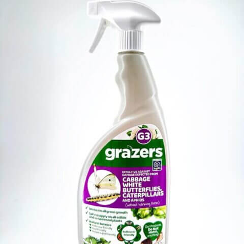 Grazer G3 spray bottle for eco-friendly pest control in gardens, safe for plants and pollinators.