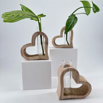 Heart-shaped wooden vases with glass test tubes and vibrant plants for stylish home decor.