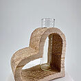 Heart-shaped wooden vase with glass, perfect for floral arrangements and rustic home decor.