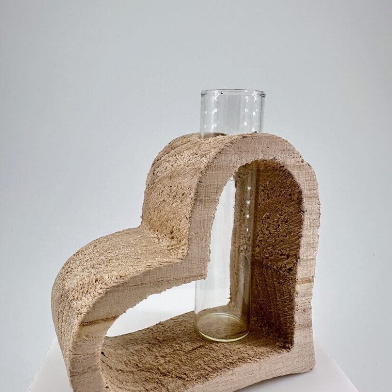 Charming Heart-Shaped Wooden Vase with Glass Insert Heart-shaped wooden vase with glass, perfect for floral arrangements and rustic home decor.