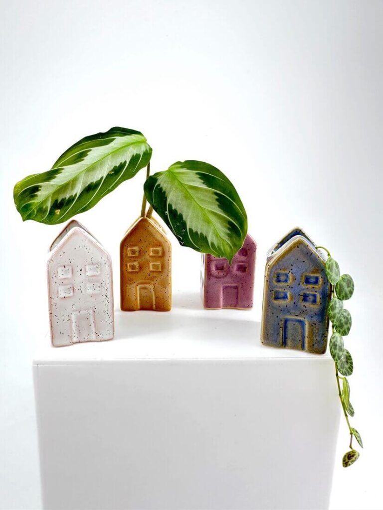 Charming ceramic house planters with plants, adding colour and texture to minimalist decor.