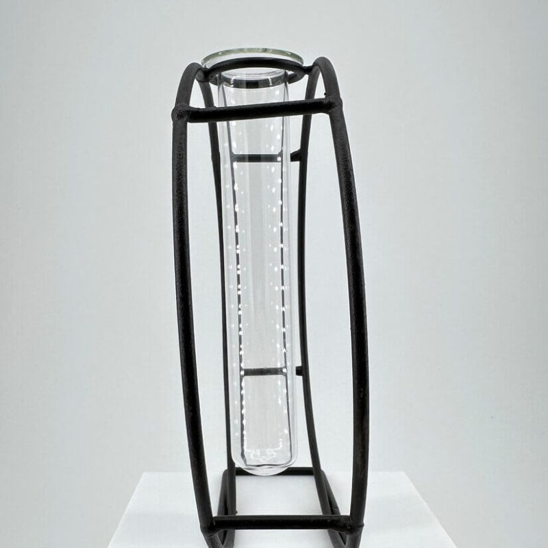Sophisticated Glass Test Tube in Black Metal Frame Elegant glass test tube in a minimalist black metal frame on a white pedestal.