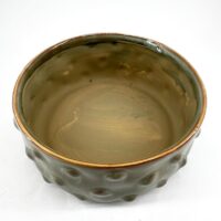 Elegant ceramic bowl in muted green with golden edge and unique textured design.