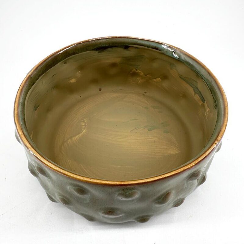 Elegant Muted Green Ceramic Bowl with Golden Edge Elegant ceramic bowl in muted green with golden edge and unique textured design.