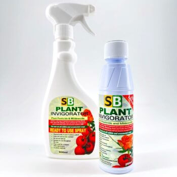 SB Plant Invigorator spray bottles for pest control and mildew prevention in gardening.