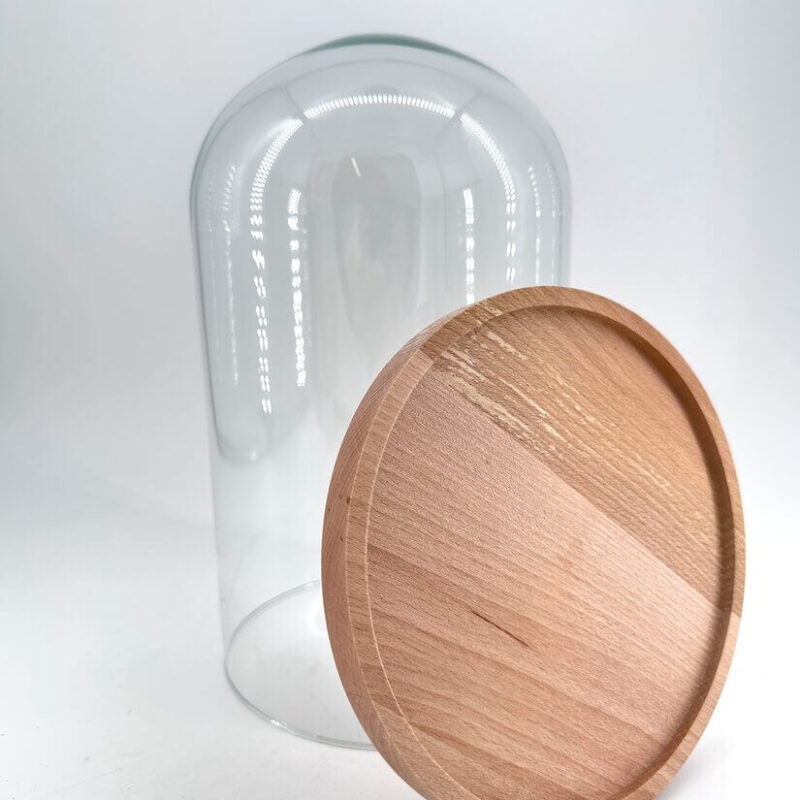 Elegant Glass Cloche on Wooden Base Display Elegant glass cloche with wooden base, perfect for showcasing food or decorative items.