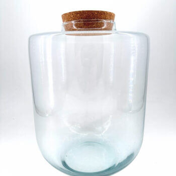 Clear glass jar with cork lid, ideal for storage or decorative display.