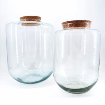 Elegant glass jars with cork lids, perfect for storage or decorative home styling.