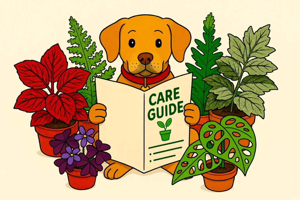 Noel, our shopdog, with care guide, surrounded by vibrant potted plants and colourful foliage.