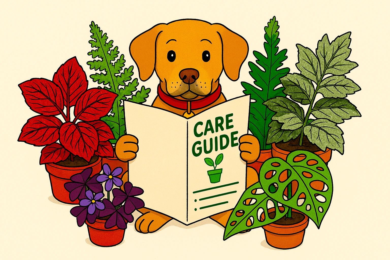Noel, our shopdog, with care guide, surrounded by vibrant potted plants and colourful foliage.