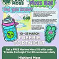 Highland Moss promotional flyer for Marimo moss balls event with engaging visuals and free kits.