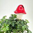 Whimsical ceramic mushroom planter with vibrant red cap and lush green foliage.