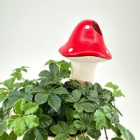 Whimsical ceramic mushroom planter with vibrant red cap and lush green foliage.