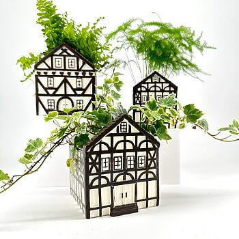 Charming house-shaped planters with lush green plants, showcasing European architectural influence.