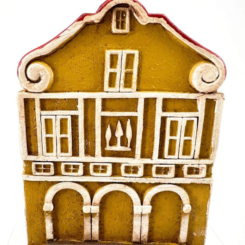 Whimsical Miniature Yellow House Decor Miniature yellow building with red roof, whimsical decorative piece, ceramic architectural art.