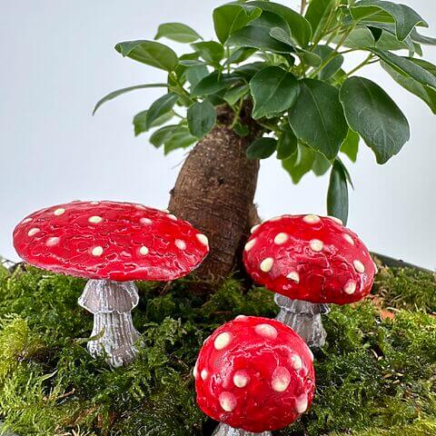 Decorative mushrooms in lush moss with potted plant, creating whimsical indoor scene.