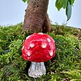 A vibrant red mushroom with white spots in lush green moss beside a twisted tree trunk.