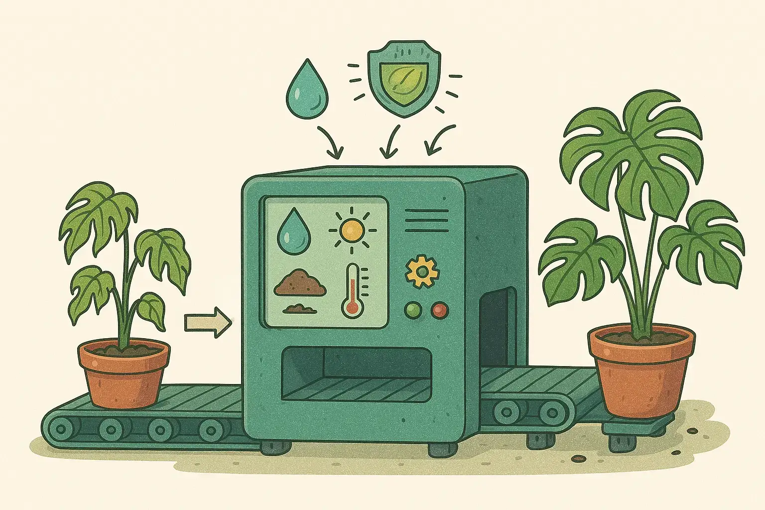 Retro-futuristic plant care machine blending technology and nature with eco-friendly automation.