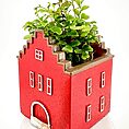 Red house-shaped planter with lush green foliage on white background.