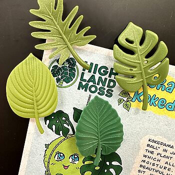 Decorative textured green leaves on black background, promoting botanical decor and plant care brand.