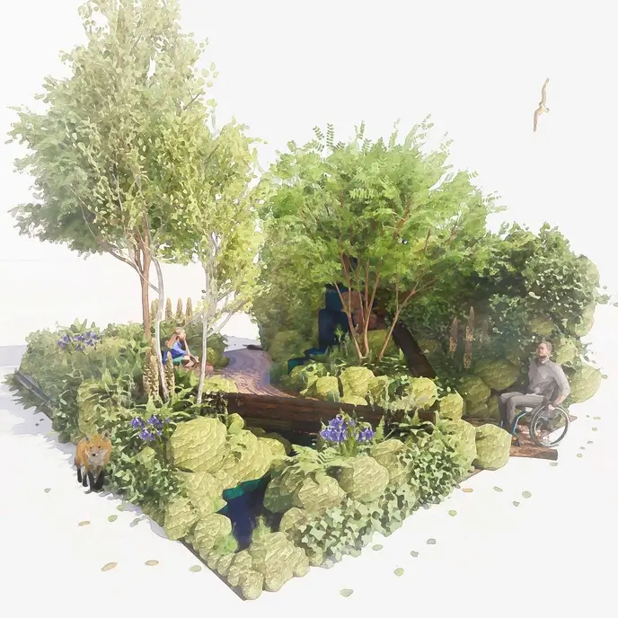 Miniature accessible garden with greenery, flowers, water feature, bench, wheelchair, wildlife, and tranquility.
