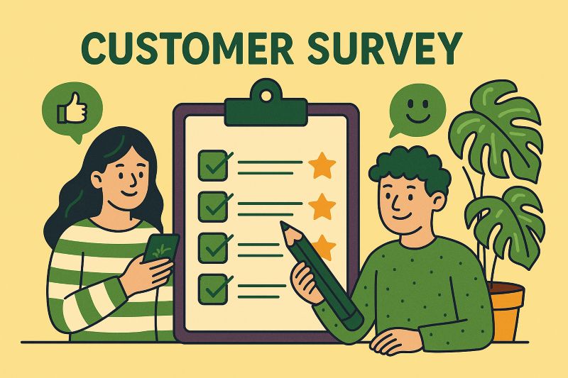 Customer survey feedback: cheerful illustration with engaging characters, clipboards, ratings, and positive vibes.
