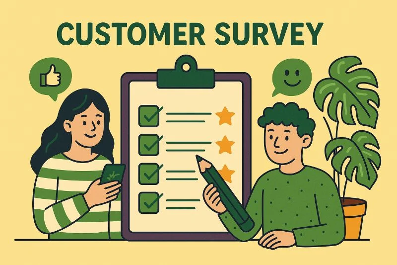 Customer survey feedback: cheerful illustration with engaging characters, clipboards, ratings, and positive vibes.