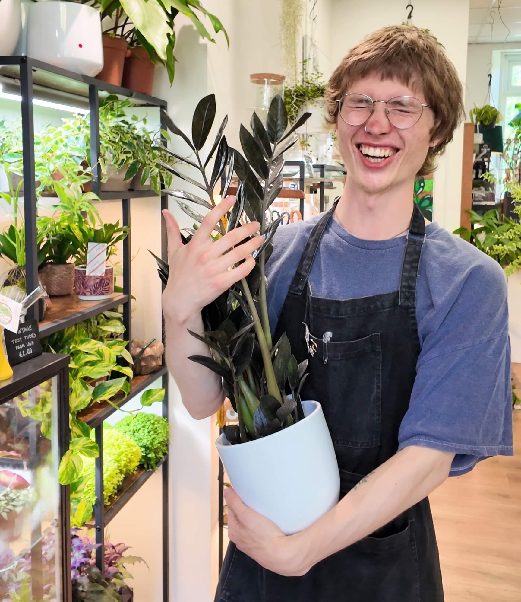 Young plant enthusiast, Lewis, smiling in plant shop, holding green plant in blue pot.