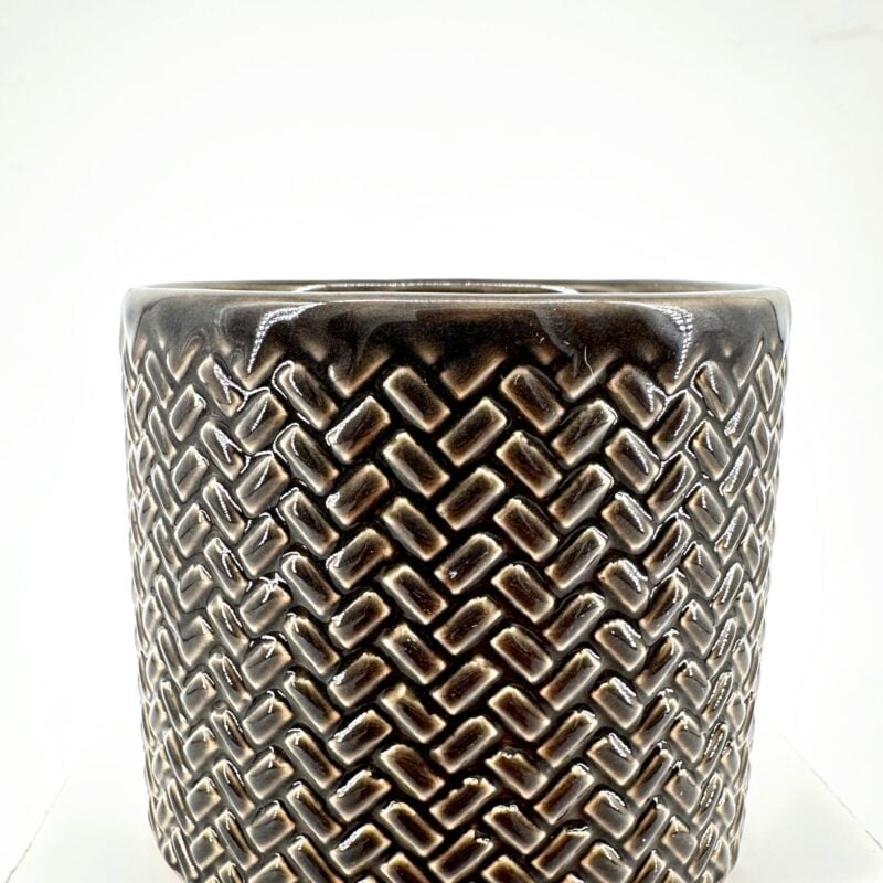 Elegant Dark Brown Geometric Ceramic Planter Elegant dark brown ceramic planter with braided geometric pattern, perfect for modern decor.