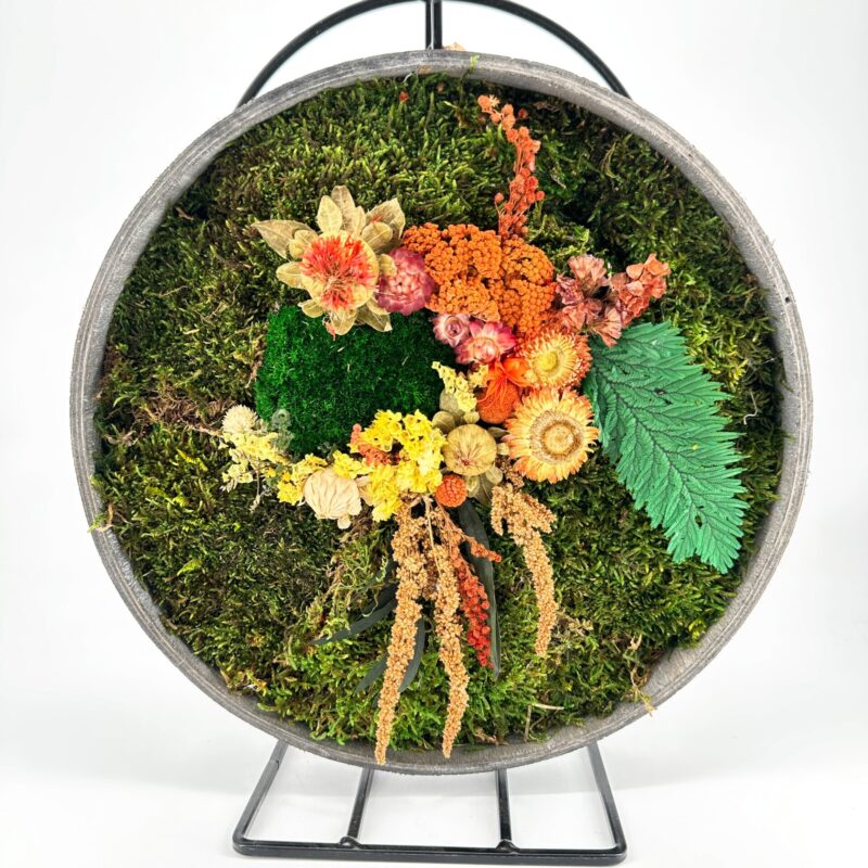 Circular Moss Garden With Preserved Flowers on Metal Stand Circular moss garden with preserved flowers and dried botanicals on minimalist black stand, indoor decor.
