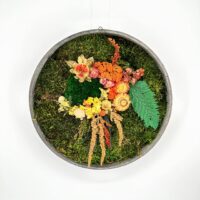 Circular moss wall art with dried botanical arrangement in metal hoop, autumnal modern decor.