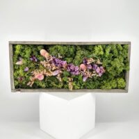 Modern moss wall art in botanical box with diagonal dried flowers on pedestal.