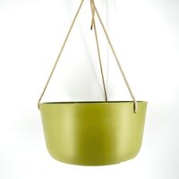 Olive green hanging planter with braided rope and minimalist design on white background.