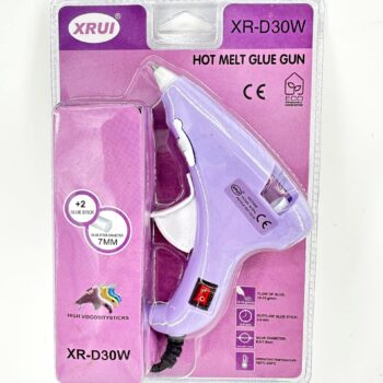 XRUI XR-D30W 7mm hot melt glue gun in purple blister retail packaging with glue sticks.