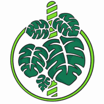 Monstera leaf logo framed by lime-green ring, tropical plant brand emblem.