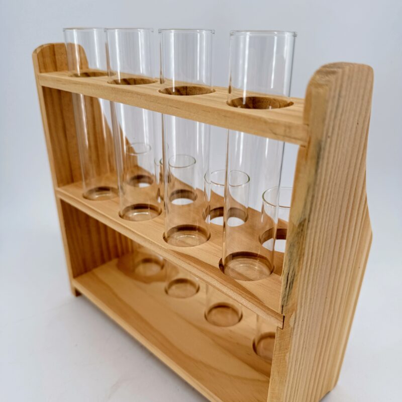 Wooden Test Tube Propagation Station with Glass Tubes Close up of wooden test tube propagation station showing glass tubes and natural timber frame