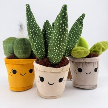 Three kawaii plant plush collectables displayed together, featuring cactus, succulent and leafy plant designs