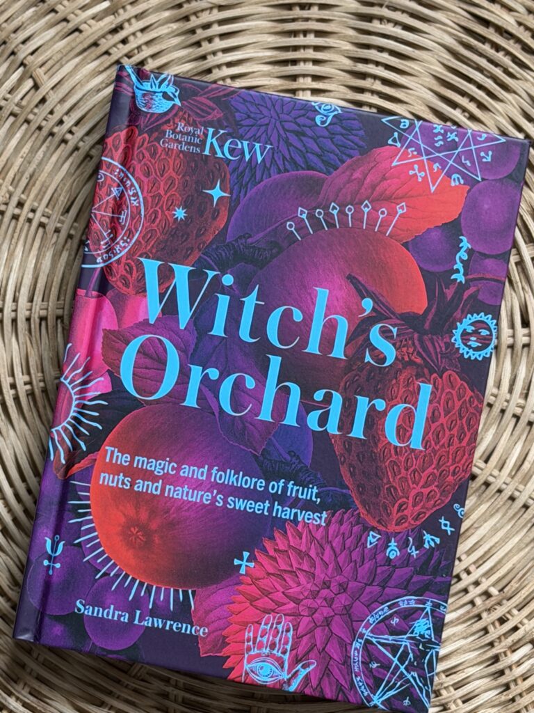 Witch’s Orchard by Sandra Lawrence hardback book on a natural woven rattan background.